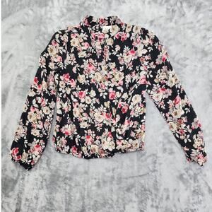 Midnight Sky Top Womens L Black Pink Floral Crossover Wrap‎ Long Sleeve Blouson